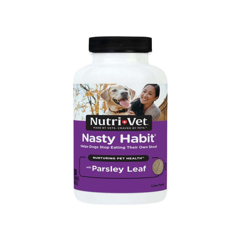 Stop dog from eating poop with Nutri-Vet's Nasty Habit Chewable Tablets.